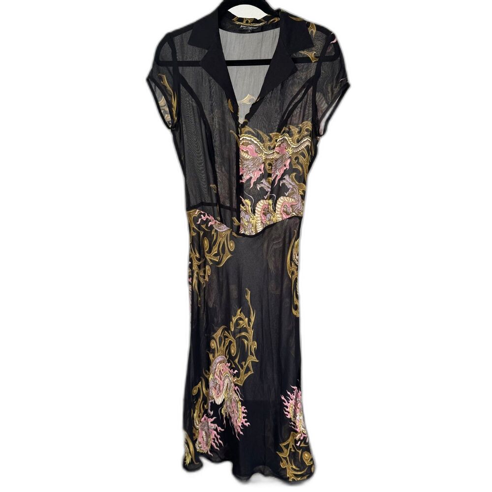 Size S Y2K Vintage Franky for Betsey Johnson sheer black dragon tattoo 90s 10801